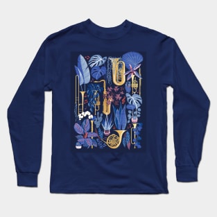 Music to my eyes - oxford navy blue background gold textured musical instruments blue indoor plants coral music notes Long Sleeve T-Shirt